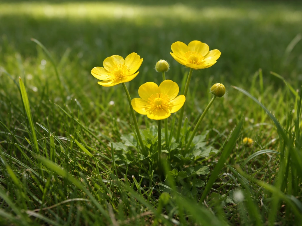 Goudgele boterbloemen met glanzende bloemen en lange stelen tussen het groene gras