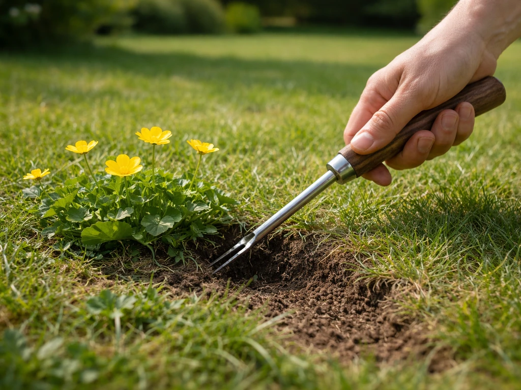 Close-up van een hand met onkruidsteker die boterbloem schuin uitsteekt, met intacte graszode in een tuin.