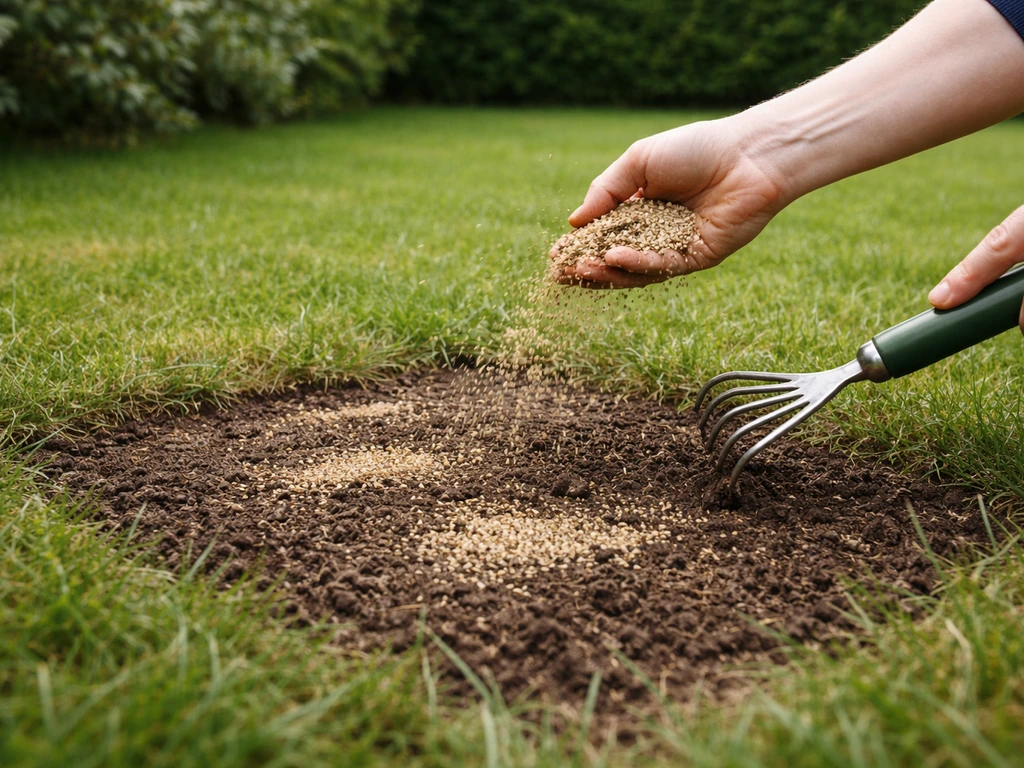 Tuinierhand strooit graszaad en topdressing op een open, hersteld stuk gazon na uitgraven