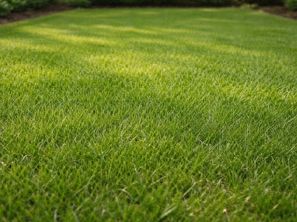 Dichte, gezonde groene grasmat in een tuin, met vrijwel geen boterbloemen zichtbaar.