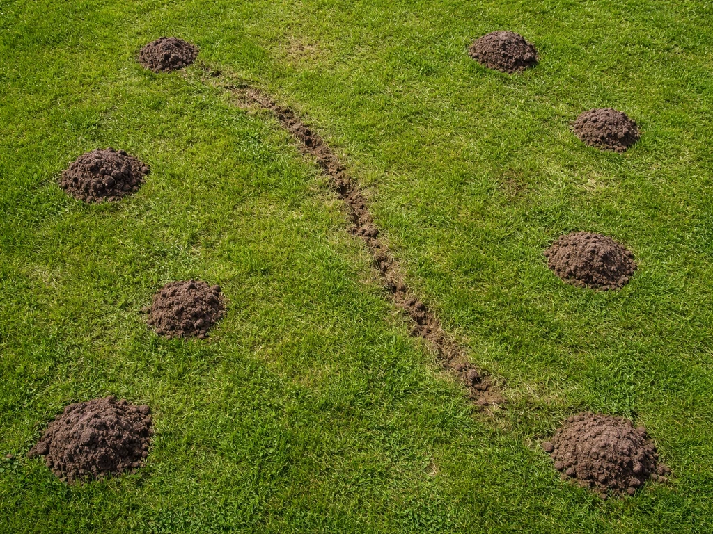 Bovenaanzicht van een gazon met molshopen en een duidelijke graafroute in het gras.