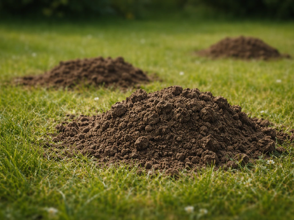 Close-up van verse molshopen in het gras met kruimelige aarde en subtiel opgeworpen grond