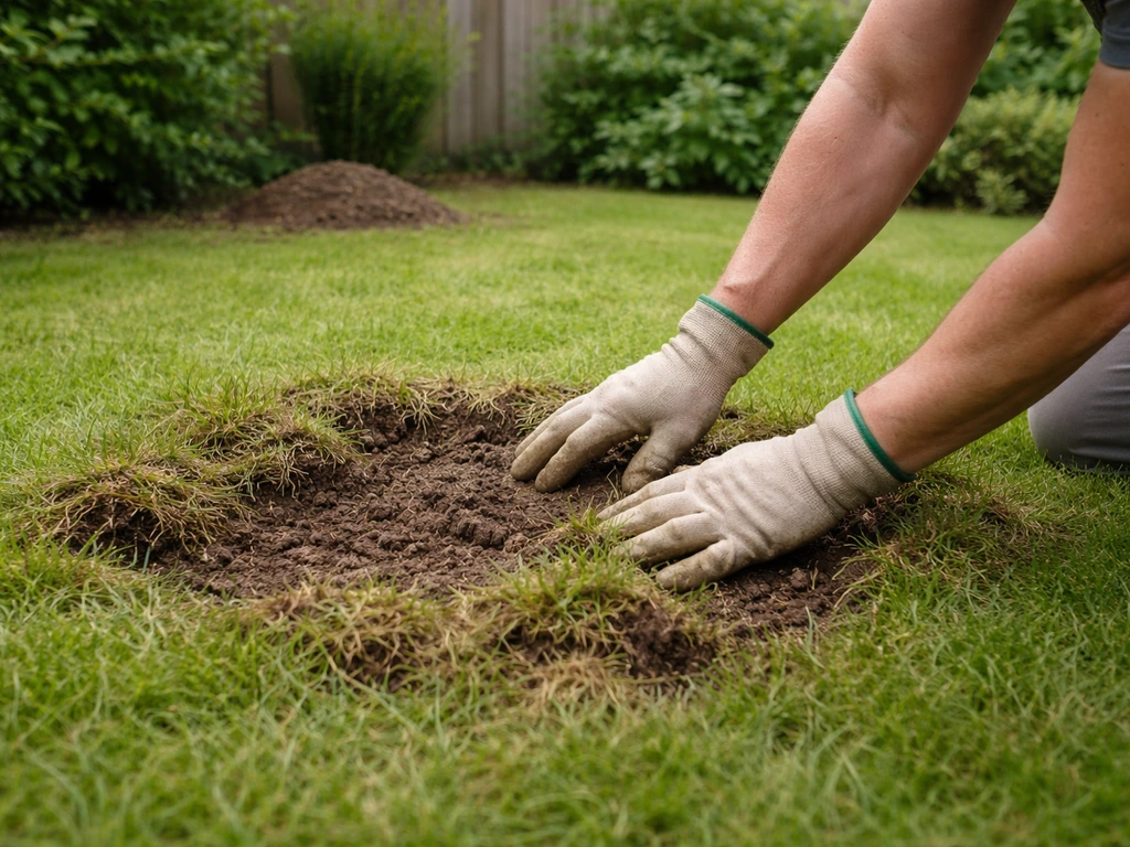 Iemand met tuinhandschoenen onderzoekt een omgewoelde plek in het gazon bij een molshoop