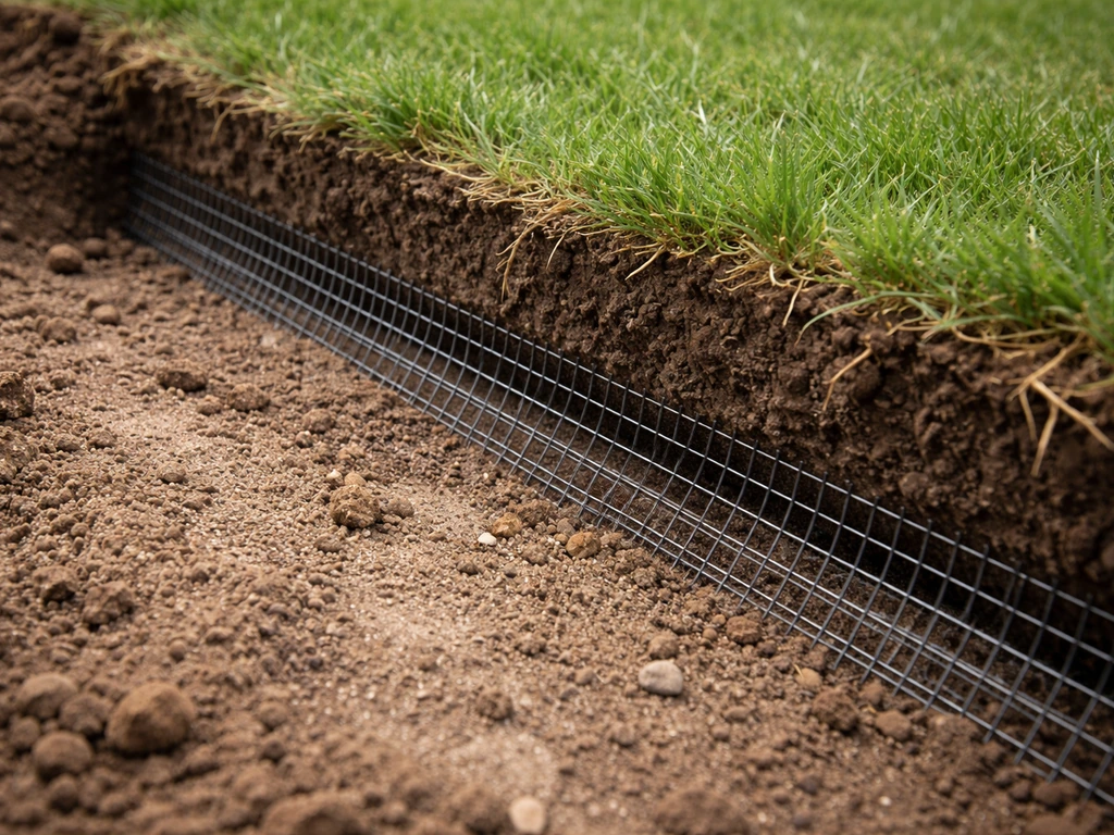 Detail van ingegraven mollenrooster onder gazonrand met zicht op laagopbouw in de tuinbodem