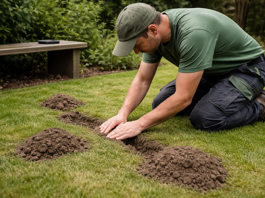 Tuinman in een rustige tuin die molshopen controleert en een actieve gang licht test