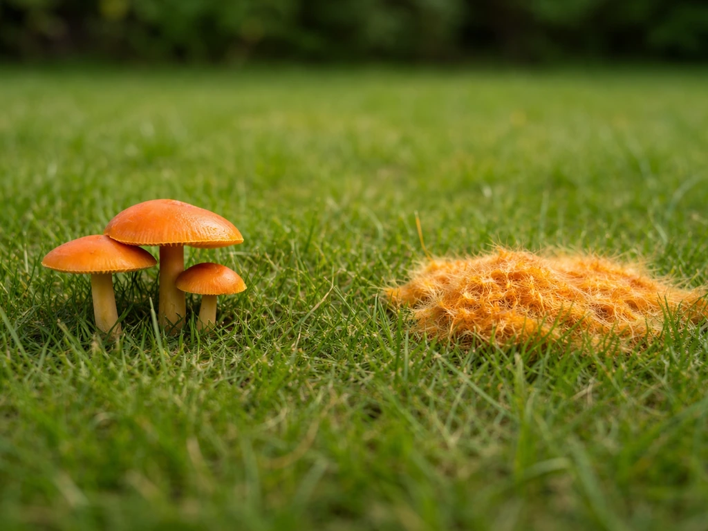 Oranje paddenstoelen naast een oranje vlek in het gazon, met zichtbare hoed en lamellen.