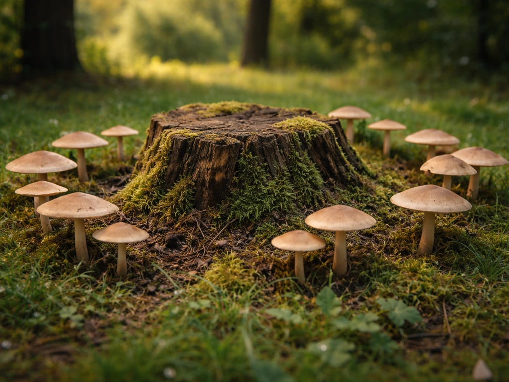 Paddenstoelen groeien in een duidelijke ring rond een oude boomstronk, met gras eromheen in natuurlijk licht.