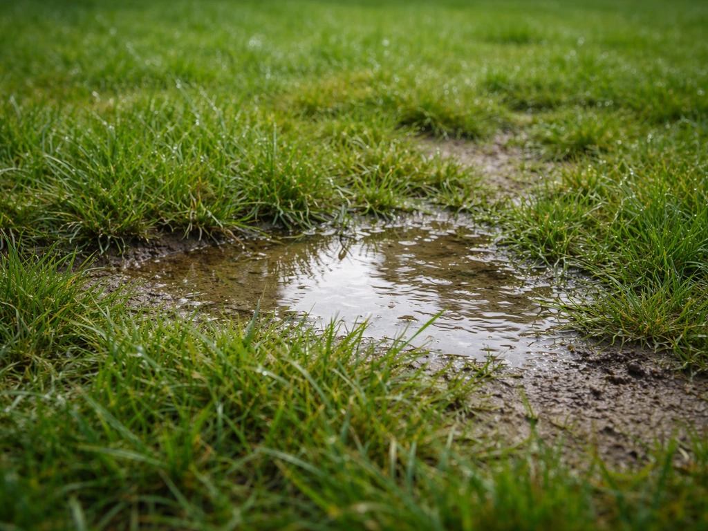 Natte, verzadigde grasplek na regen met plasje en ongelijkmatige, ingezakte groei in een tuin
