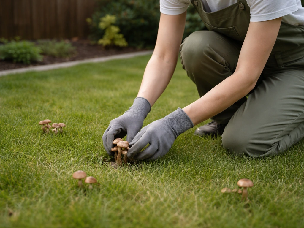 Anonieme persoon knielt in het gazon en verwijdert paddenstoelen handmatig met handschoenen.