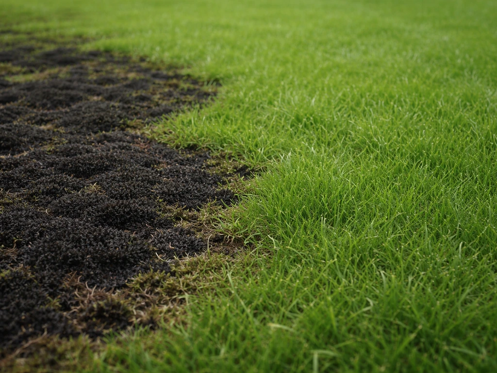 Dicht gazon met duidelijke zwarte mosplekken naast gezond, groen gras voor contrast.