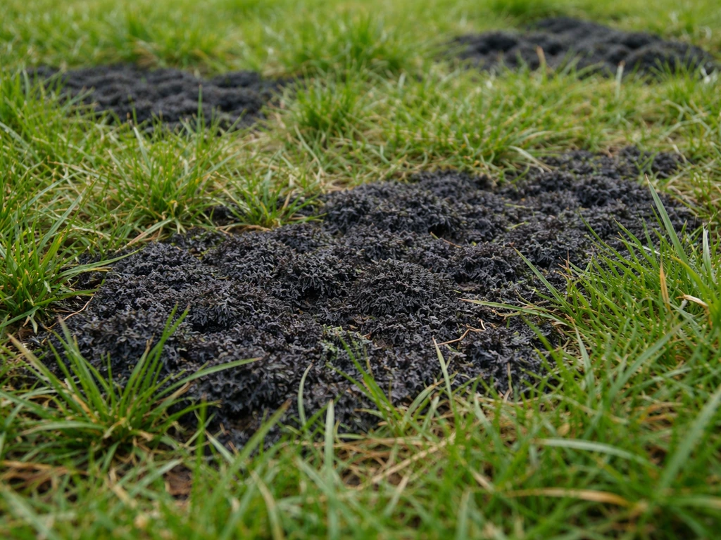 Close-up van zwarte, sponsachtige mosplekken in een groene grasmat.