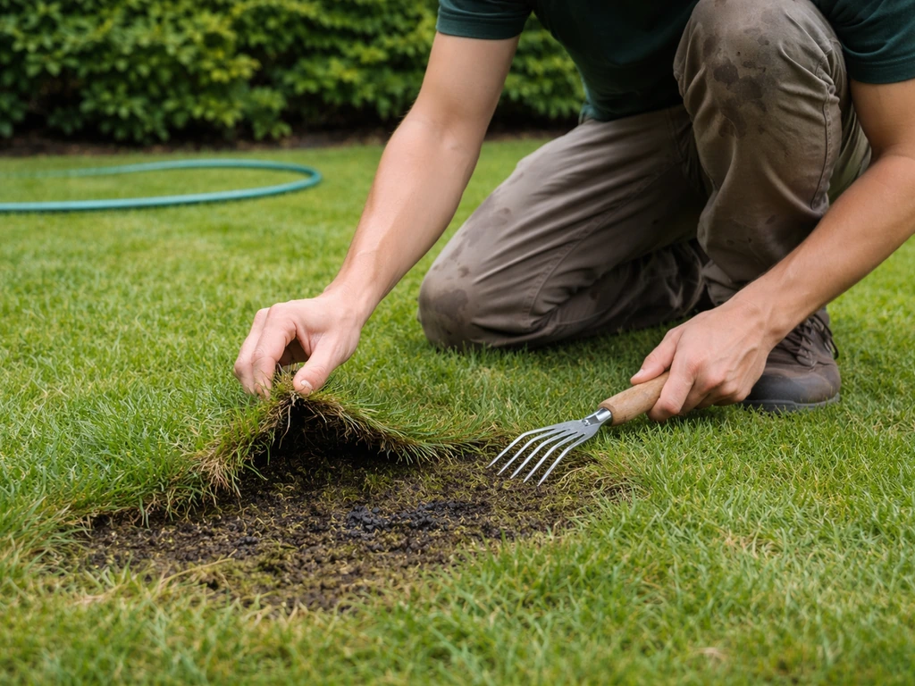 Tuinier beoordeelt een gazonplek met zwarte aanslag door het gras voorzichtig los te trekken en te controleren