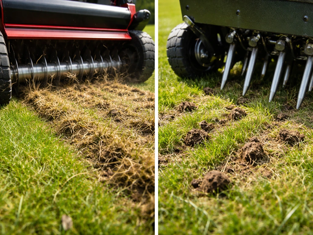 Verticuteermachine snijdt de viltlaag en beluchtingspinnen prikken in een groene grasmat