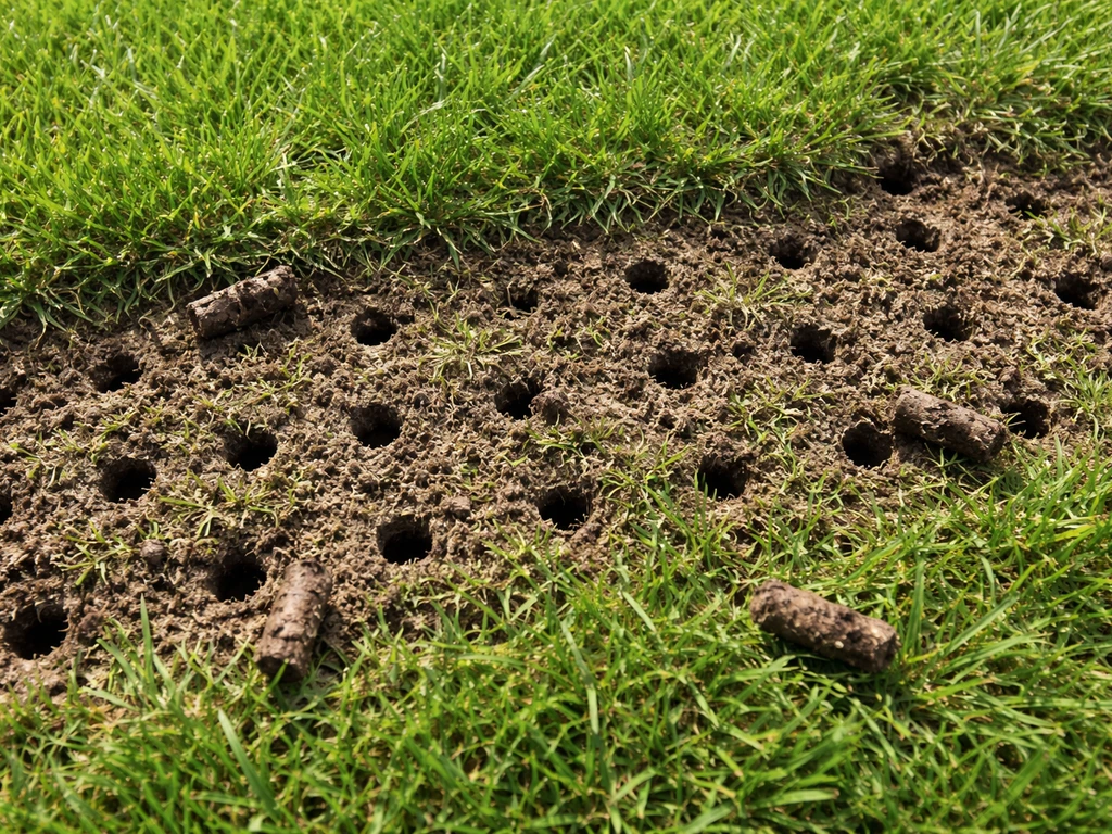 Bovenaanzicht van een gazonstrook met nette beluchtingsgaten en losgemaakte bodem die open ligt.