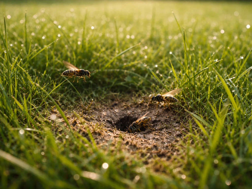Wespen in het ochtendzonlicht tussen het gras, met een subtiele hint van activiteit rond de bodem.