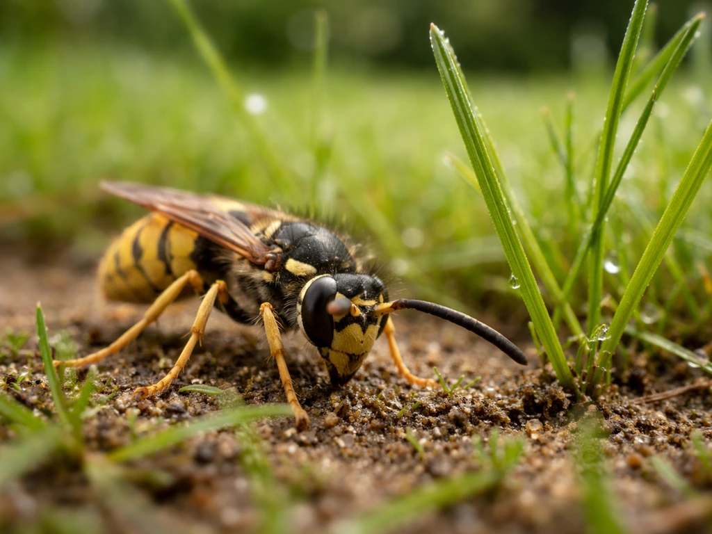 Close-up van een wesp die gras en grond inspecteert, met bloemenweide op de achtergrond.