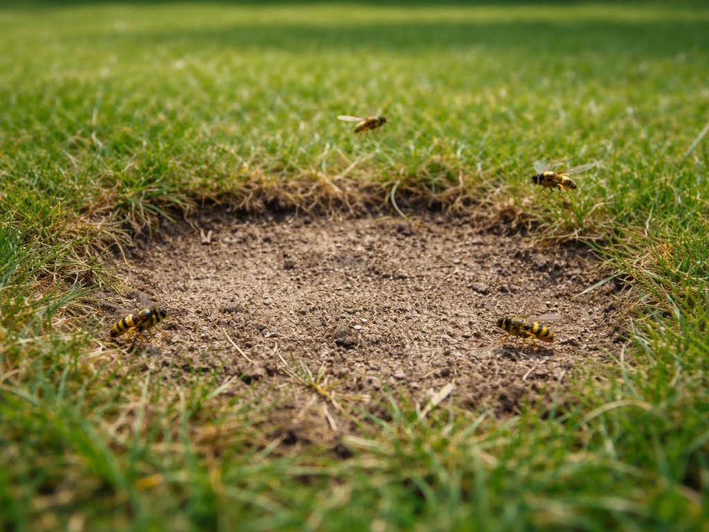 Close-up van een open plek in het gazon met wespen die rond het gras vliegen.