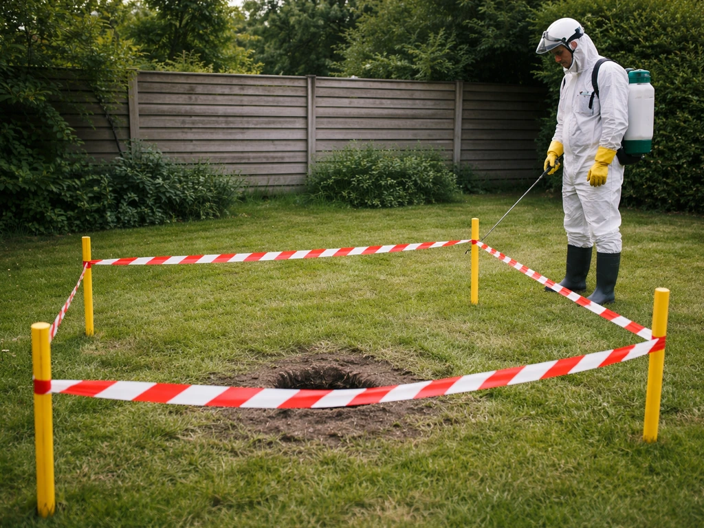 Professionele ongediertebestrijder inspecteert een grondnest met afzetlinten in een rustige tuin.