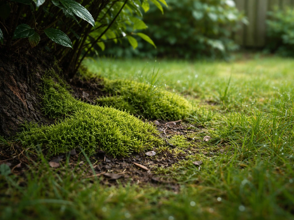 Moormossel op een schaduwrijk, vochtiger stuk gazon met zwakker gras onder struiken in een Nederlandse tuin