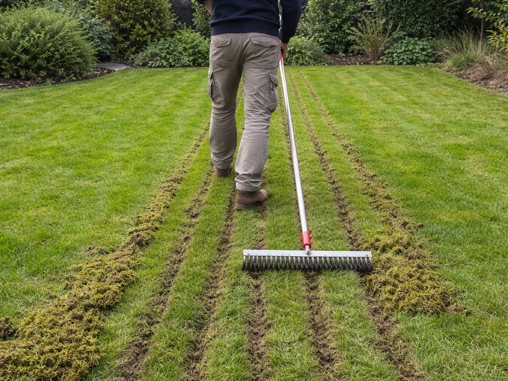 Iemand verticuteert het gazon met een verticuteerhark, mos en vilt worden losgesneden.