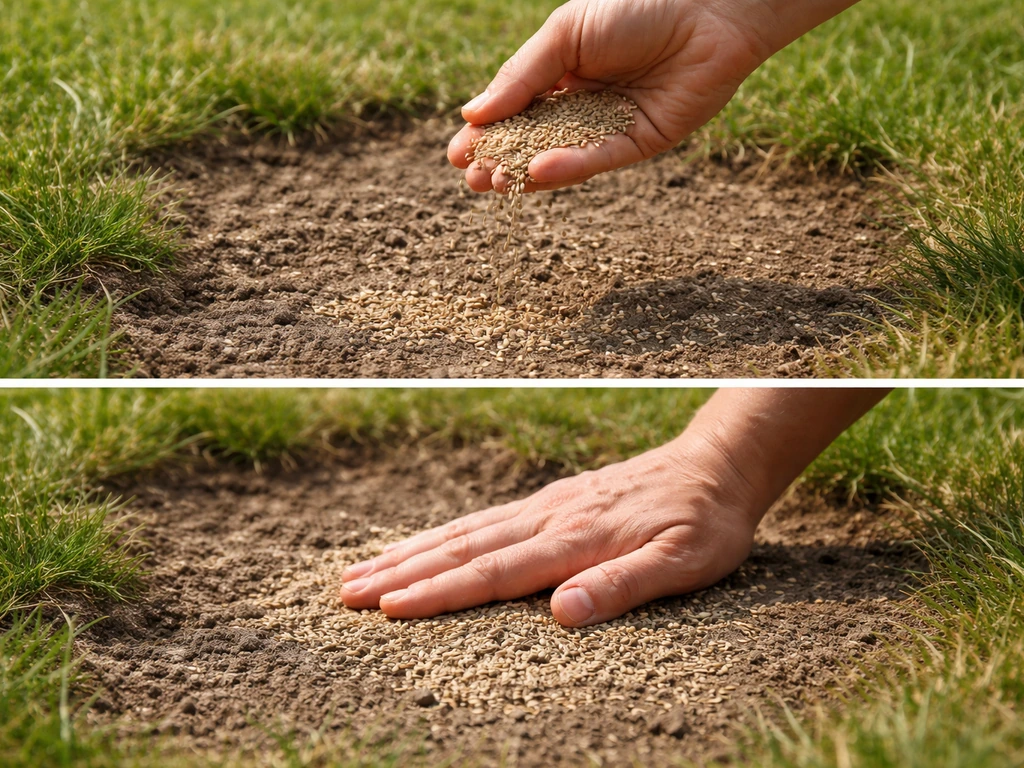 Tuingrond met open plek waar graszaad wordt doorgezaaid en licht aangedrukt in natuurlijk daglicht