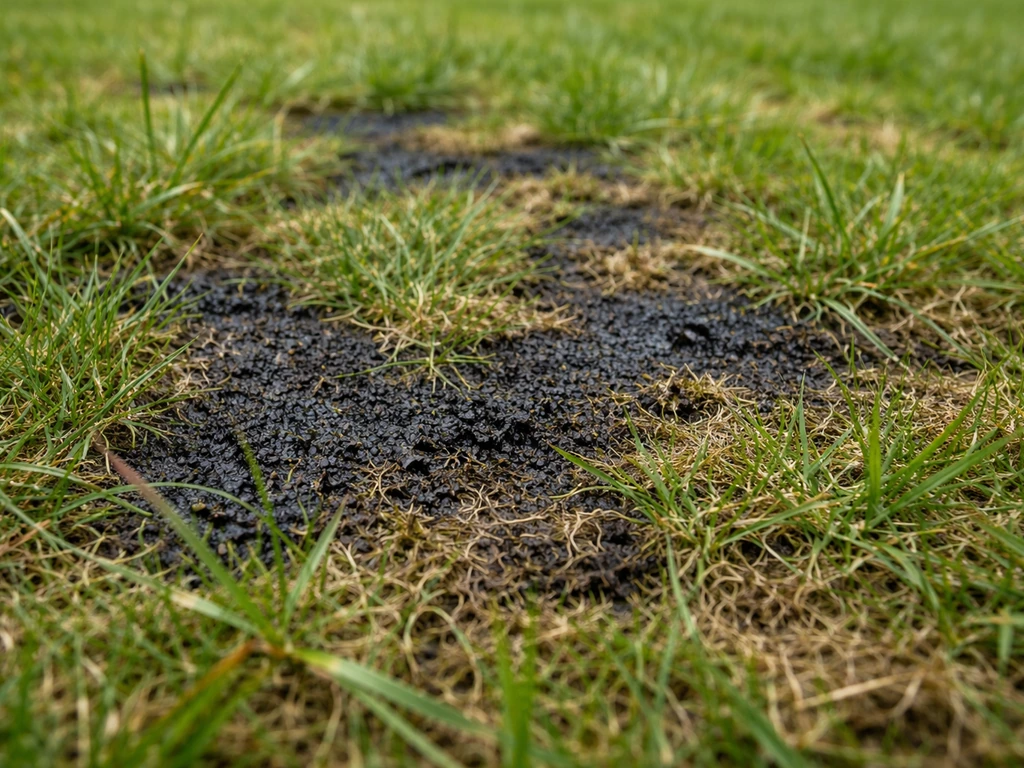Gazon met duidelijk zichtbare zwarte algaanslag tussen het gras, close-up op grasniveau bij daglicht.