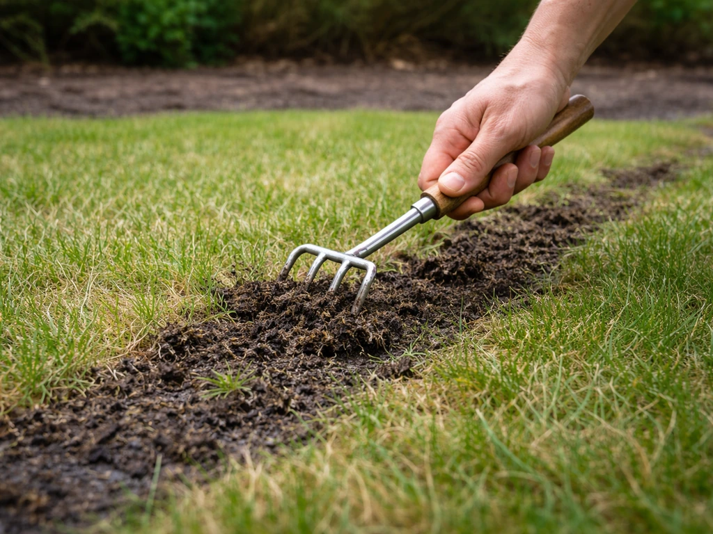Hand met krabber verwijdert zwarte aanslag uit aangetast gazon in een stille tuin
