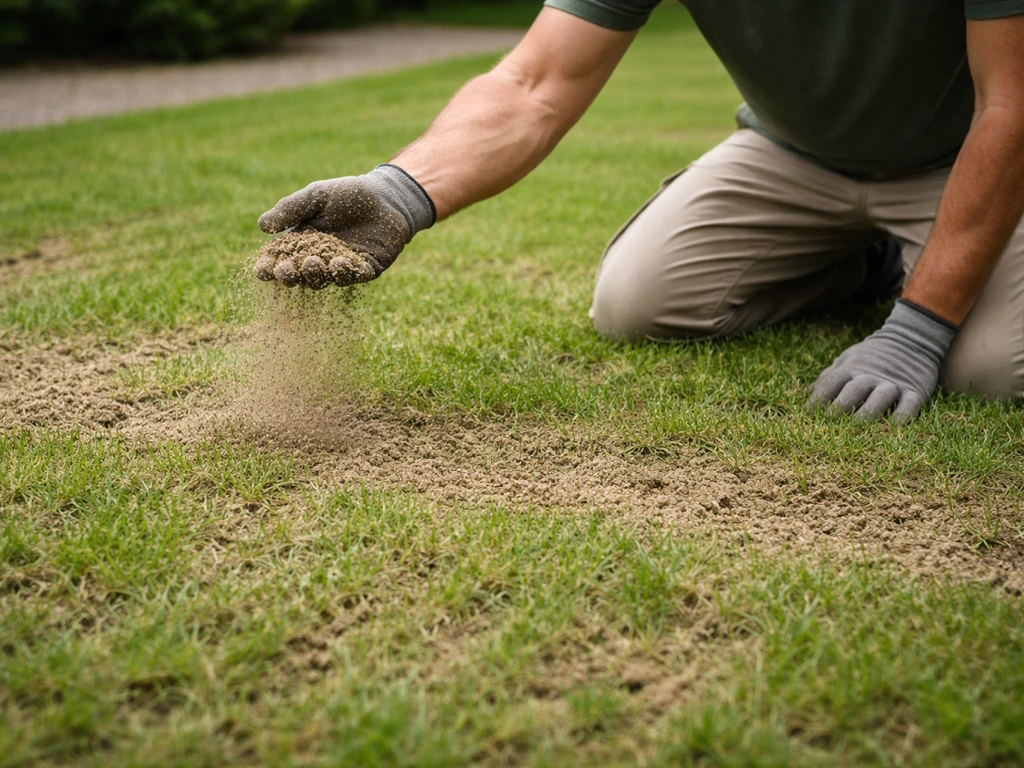 Anonieme tuinier strooit zand of zand-compost over een gazon met zichtbare beluchte/verticut-sporen.