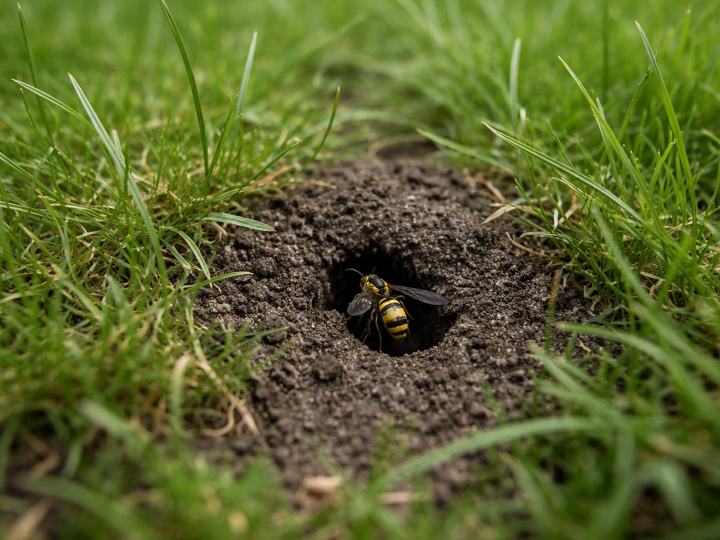 Close-up van gras met een klein gaatje in de bodem waar een wesp in en uit vliegt.