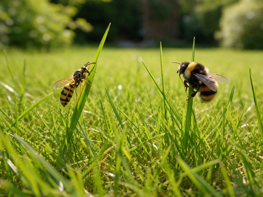 Laag bij het gras: een wespachtig gestreept insect en een ander tuin-insect op grassprieten, duidelijk herkenbaar.
