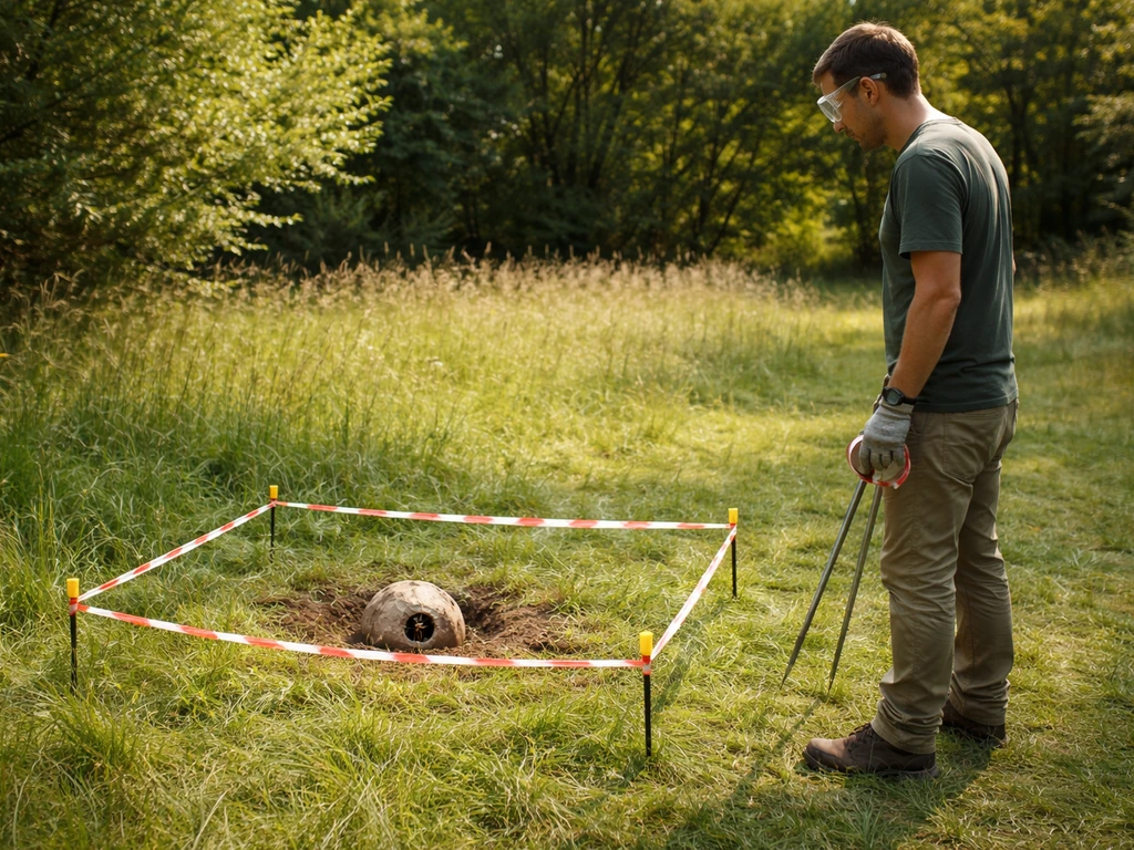 Persoon op afstand met beschermbril en afzetlint rond een wespennest in het gras.