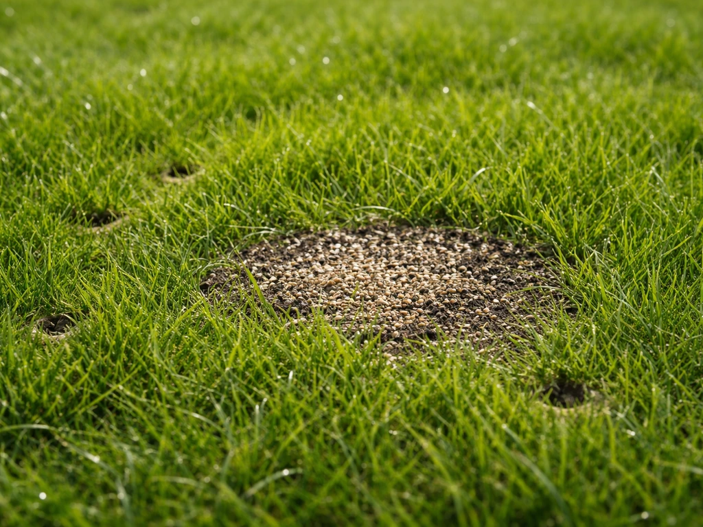 Detail van een dicht, groen gazon met sporen van doorzaaien en handmatige beluchting in zacht daglicht.