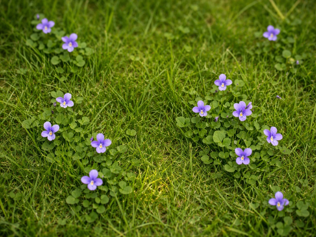 Bovenaanzicht van een Nederlands gazon met paarse bloemetjes tussen het gras, scherp en duidelijk zichtbaar.
