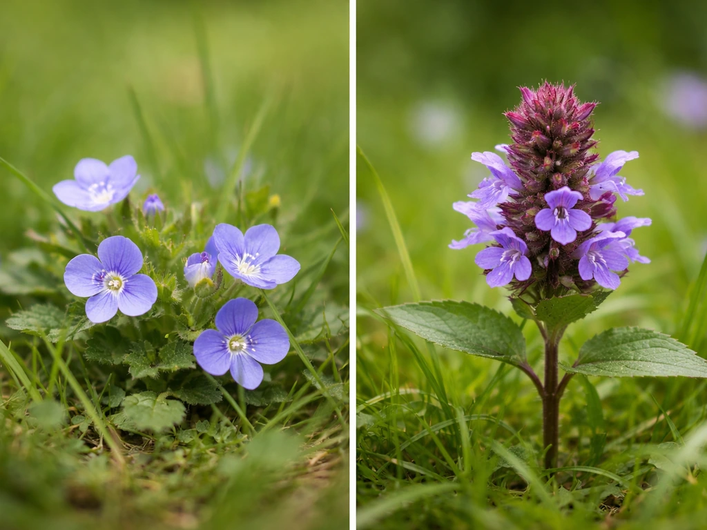 Close-up van twee paarse bloemetjes in gras naast elkaar, met duidelijk zichtbare bloem- en standverschillen.