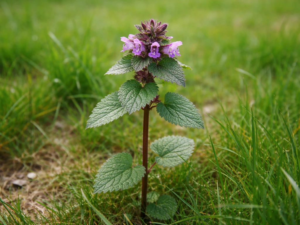 Close-up van paarse dovenetel in het gras met rechtopstaande stengel, hartvormige blaadjes en paarse bloei.