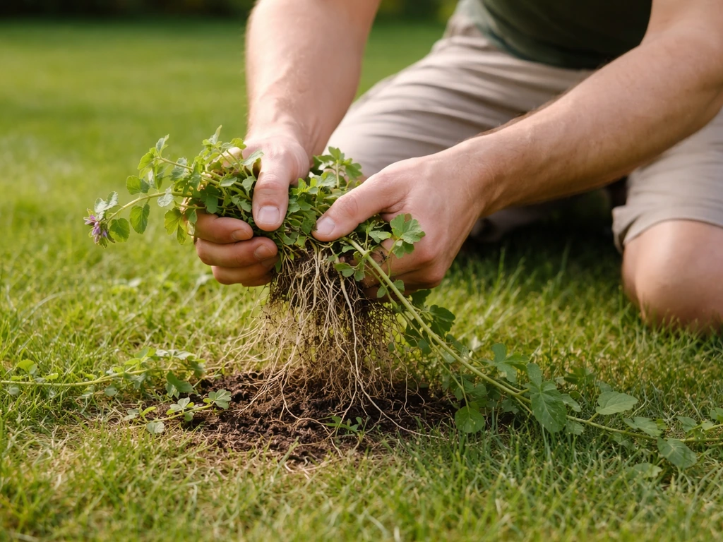 Knielende tuinier trekt hondsdraf met uitlopers en wortels uit een droog gazon, dicht op de grasmat.