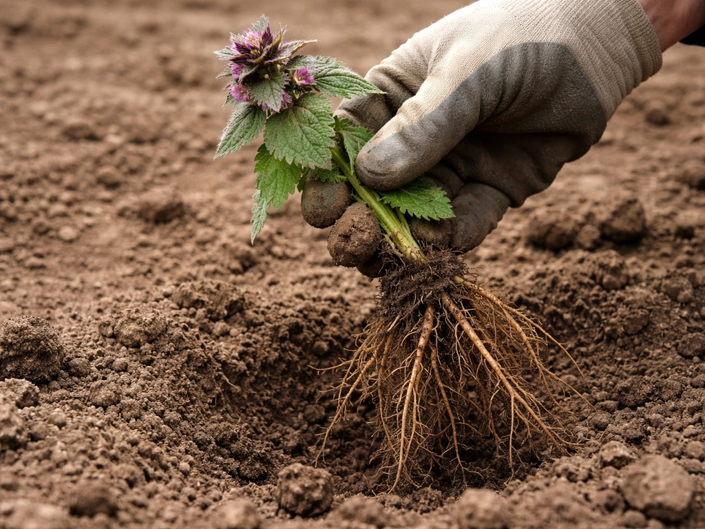 Tuinhandschoenen en een paarse dovenetel die met wortel uit de grond wordt getrokken, bloemknoppen net zichtbaar.