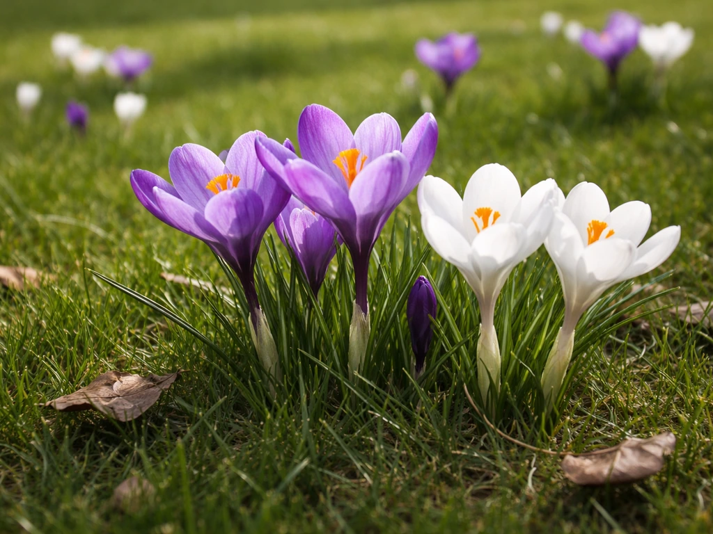 Krokussen in een grasveld, met duidelijke bloemen tegenover het omringende gazon