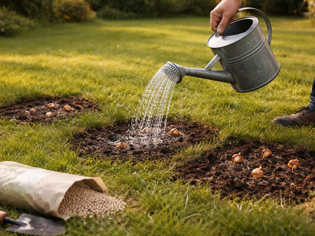 Een gieter giet water over pas aangeplante bloembollen en gras, met een bollenmeststof in de buurt.