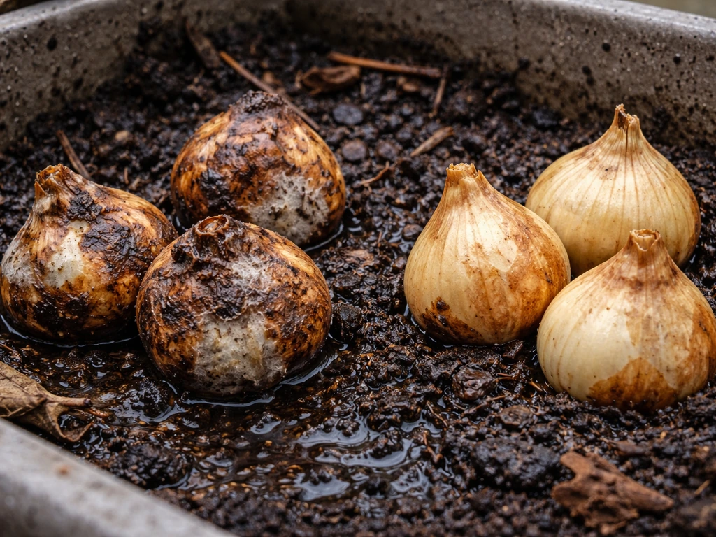 Natte grond met bruine, rotte bollen door bolschimmel naast gezonde bollen in een pot.