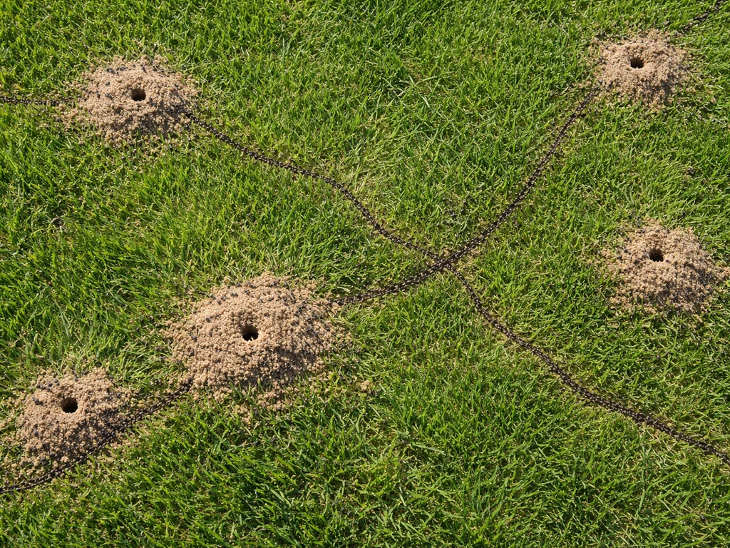 Bovenaanzicht van een gazon met mierenennesthoopjes en zandige gangopeningen, met lopende mieren in natuurlijk licht.