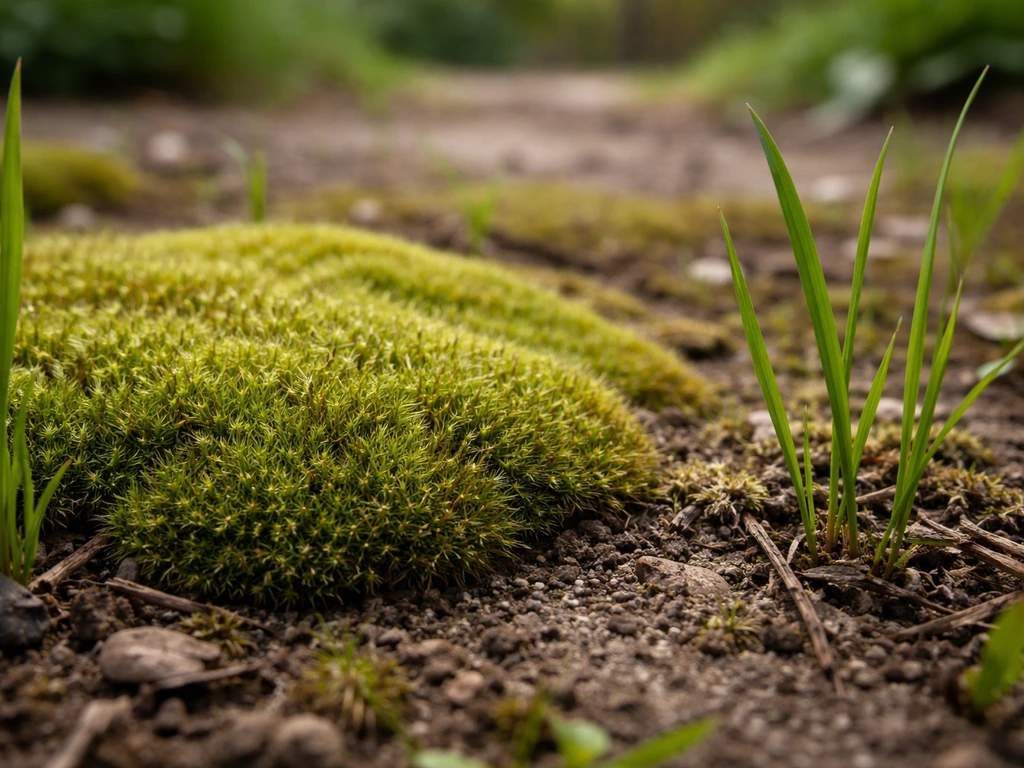 Close-up van een mosplek op gras: viltachtig mos versus losse grashalmen in één frame.