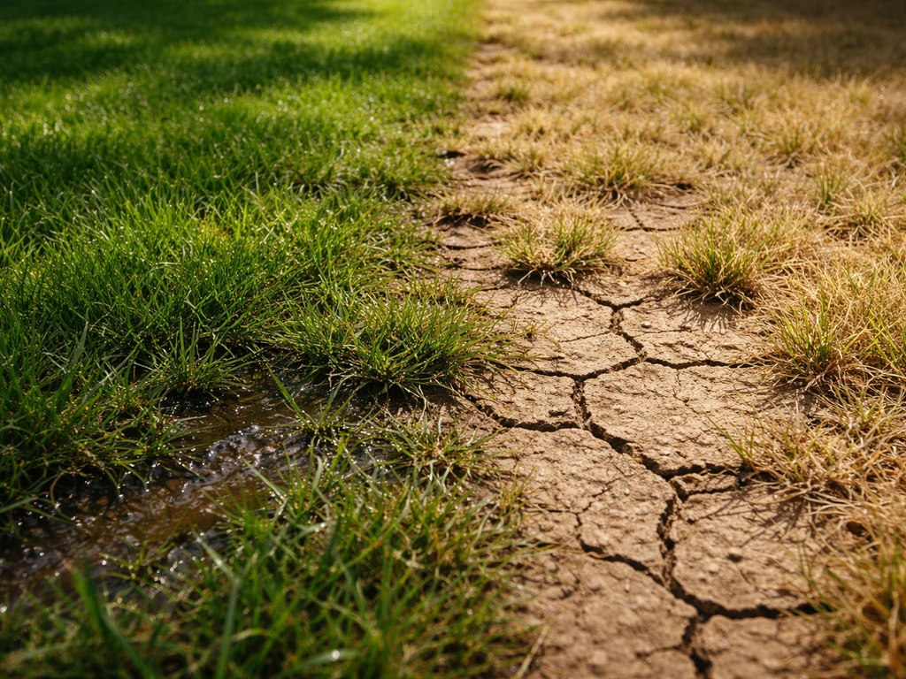 Gras met gescheiden natte donkere stroken en droge lichtbruine, gesprongen plekken door ongelijk water geven.