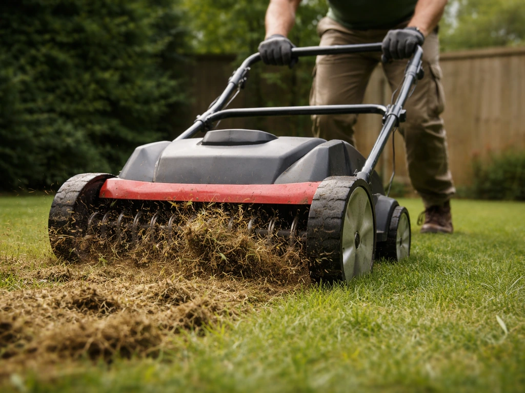 Verticuteren of beluchten van een gazon: gras en aarde komen los onder een gazonbewerker.