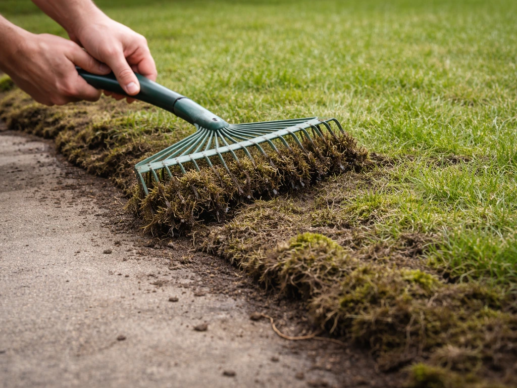 Handen met een hark die mos uit een gazon losmaakt, met zichtbare gezondere grasbasis.