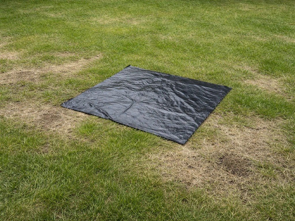 Zwart plastic of jute-doek ligt op een gazon met bruine en grijzige beschadigde grasplekken rondom.