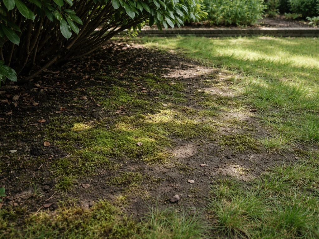 Schaduwrijke tuinplek met mos, kale plekken en dun gras onder een boom- of struikrand