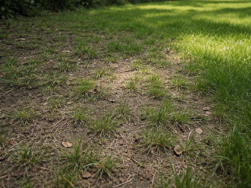 Close-up van dun, schaduwrijk gras met open plekken en een lichtere, vollere rand ernaast.