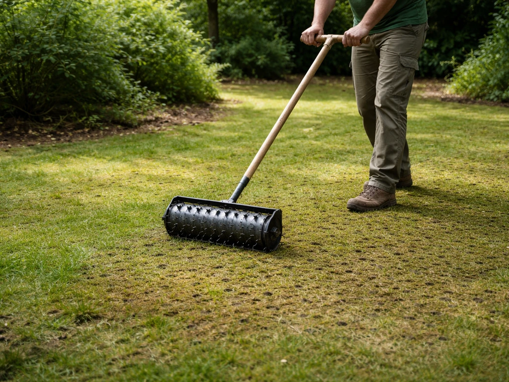Beluchtingsapparaat in een gazonstrook met mos en verdichting, in schaduw van bomen, tuinonderhoud.