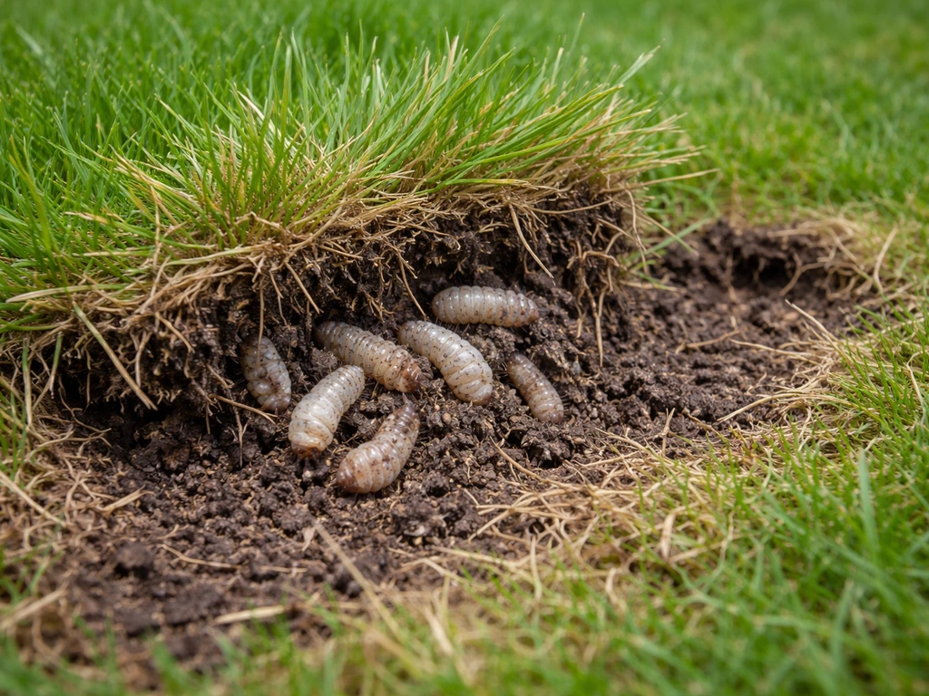 Witte larven in het gras met opgetilde graspol, duidelijke schade aan de grasmat van emelten/engerlingen.